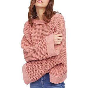 Free People Maybe Baby Chunky Crochet Knit Sweater Oversized Pink Fisherman